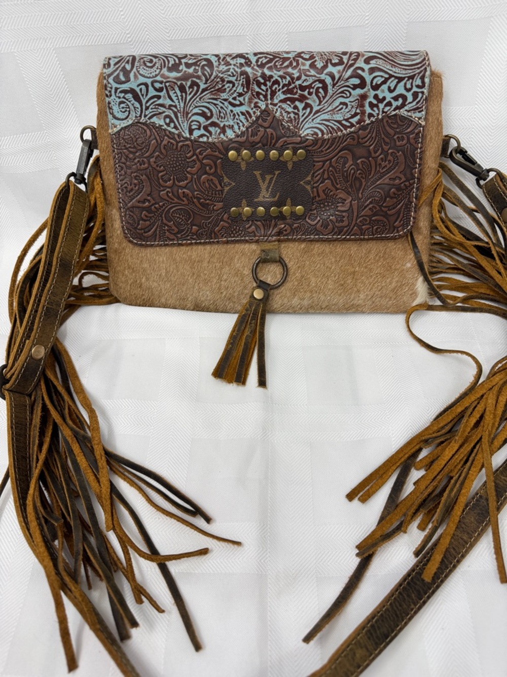 Myra Bag Upcycled LV Tooled Leather Hair-on Hide Western Crossbody Fringe Bag